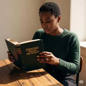 a lady reading a dictionary