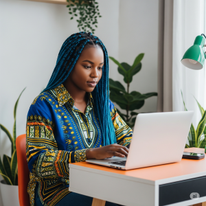A lady typing in her laptop using a keyboard