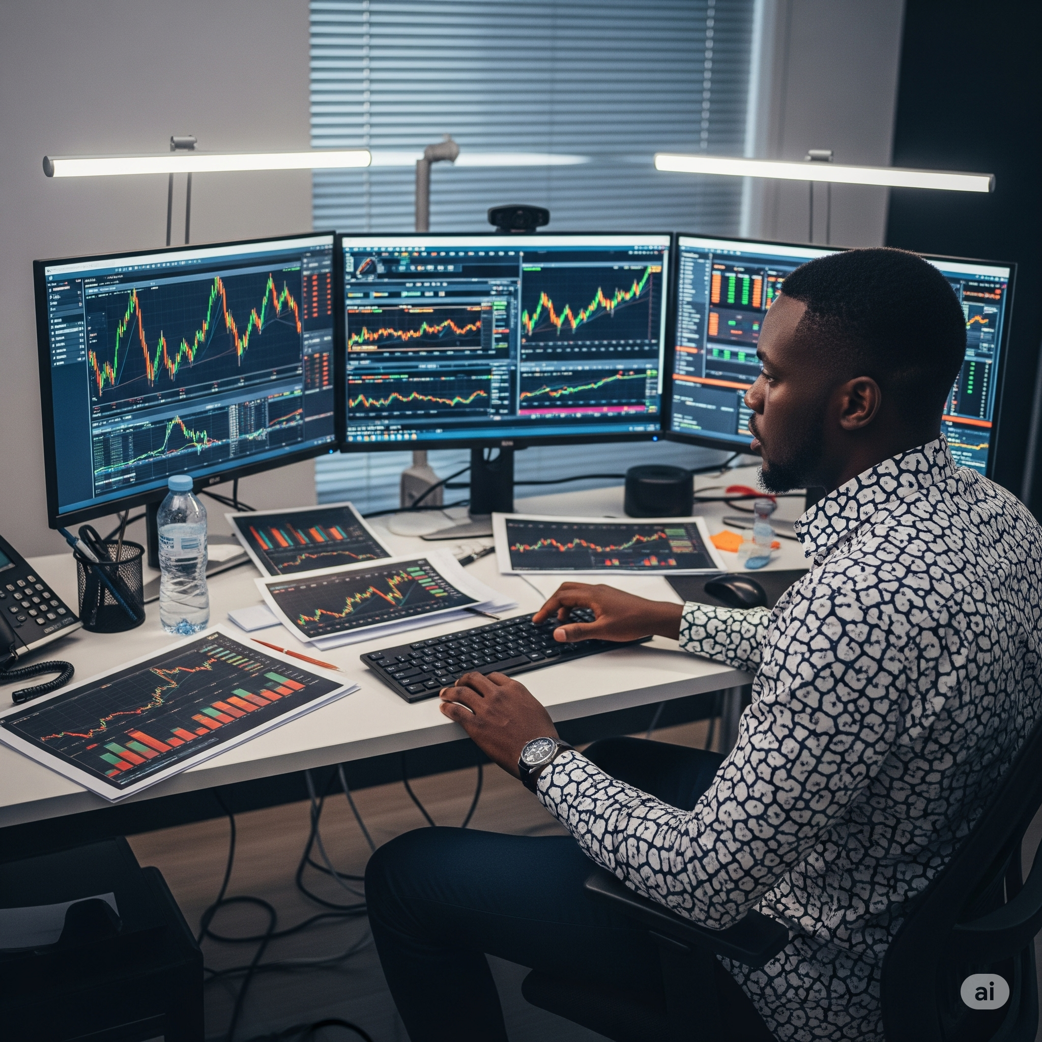 a young African man focused on three large computer screens, focusing on day trading in Kenya.
