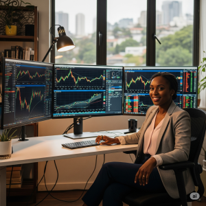  an African lady with a determined expression, surrounded by three large monitors filled with financial charts and graphs in a minimalist office, navigating the world of day trading.