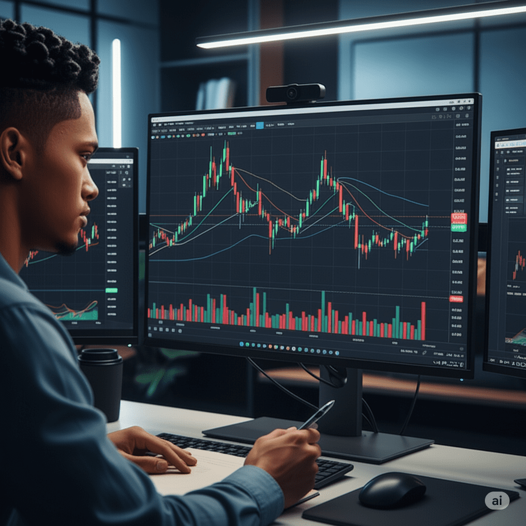 a trader looking at candlesticks and doing trading technical analysis Trading technical analysis in Kenya